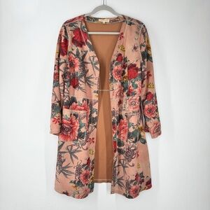 Solitaire Faux Suede Open Front Duster Pink Floral Print Women’s Size Large
